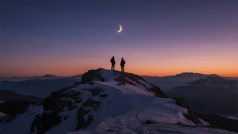 雪峰顶月夜同行图片