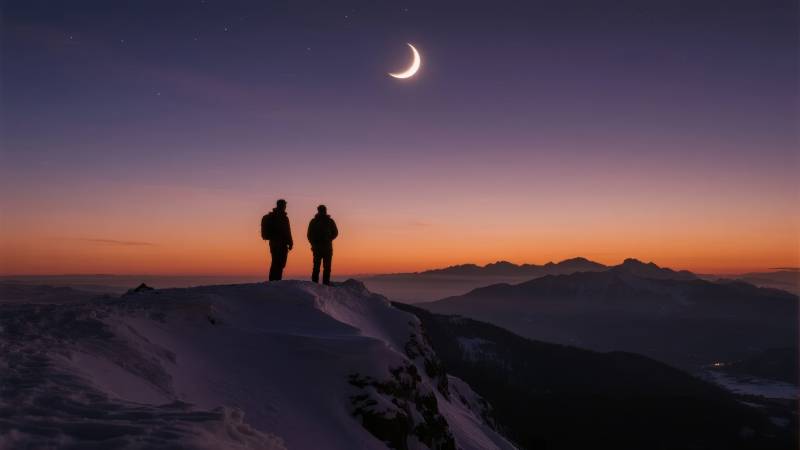 月下雪峰双影图片