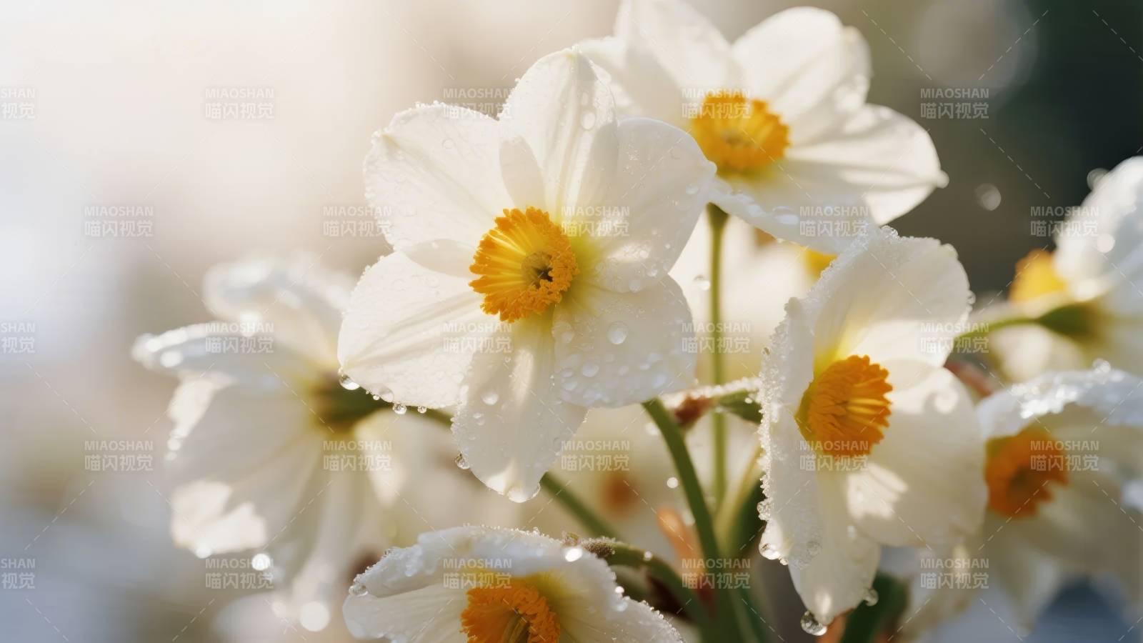 水珠点缀的白色花朵图片