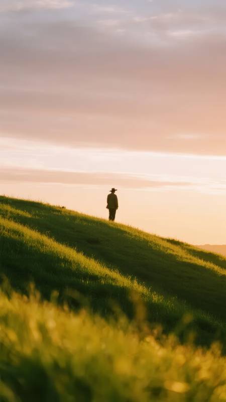 孤影行于黄昏草坡图片