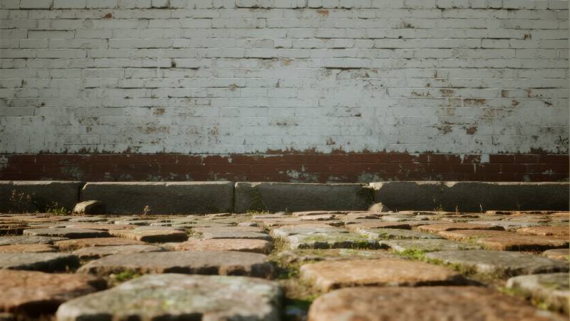 石砖小径与旧墙图片