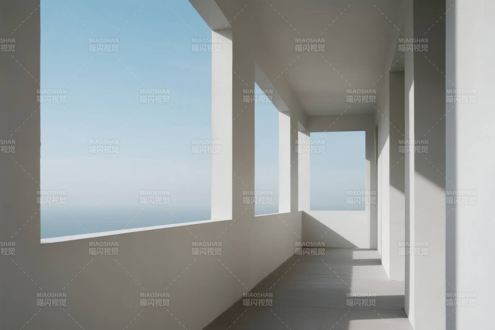 极简走廊望海景图片