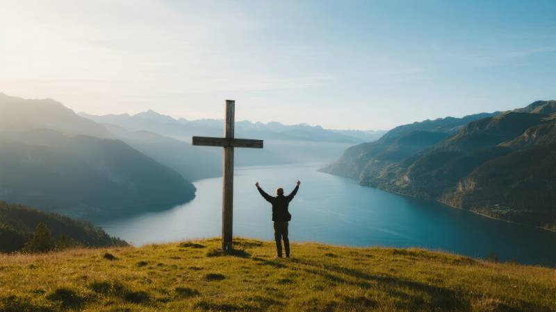 山巅十字与湖光图片