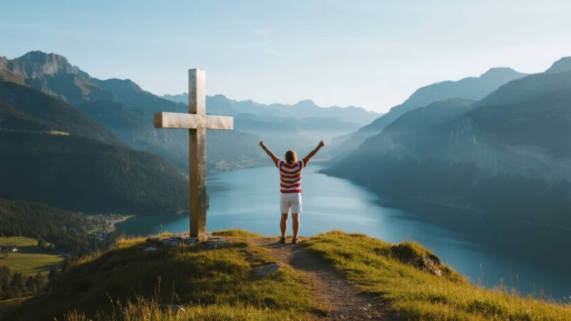 山顶十字与湖光山色图片