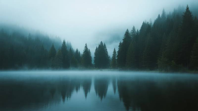 雾锁湖林静谧景图片