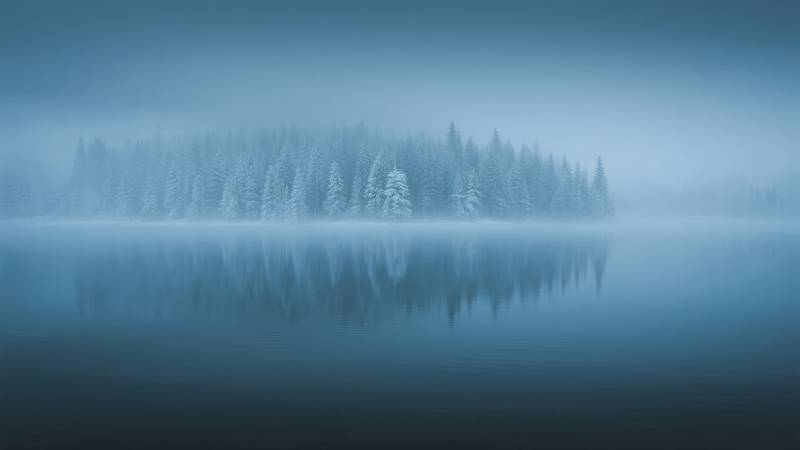 雾湖雪林倒影图片