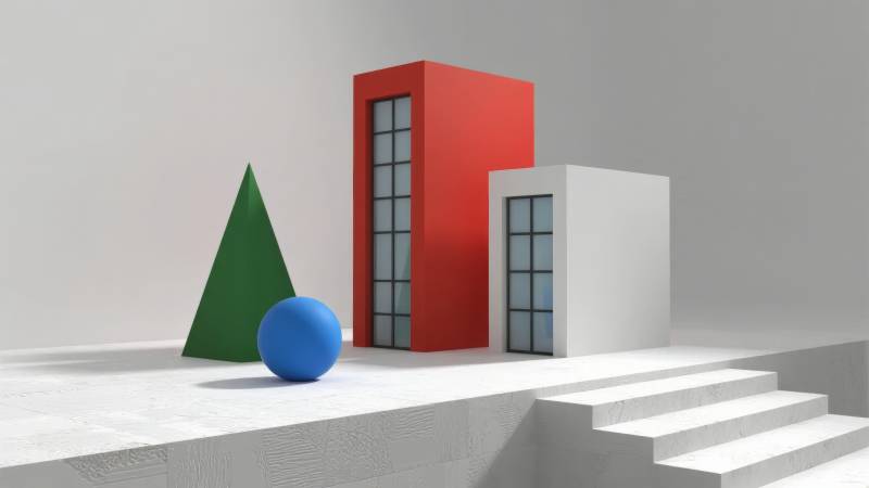 几何建筑与球体图片