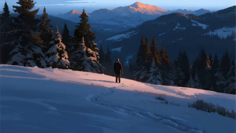 雪原孤影远山图片