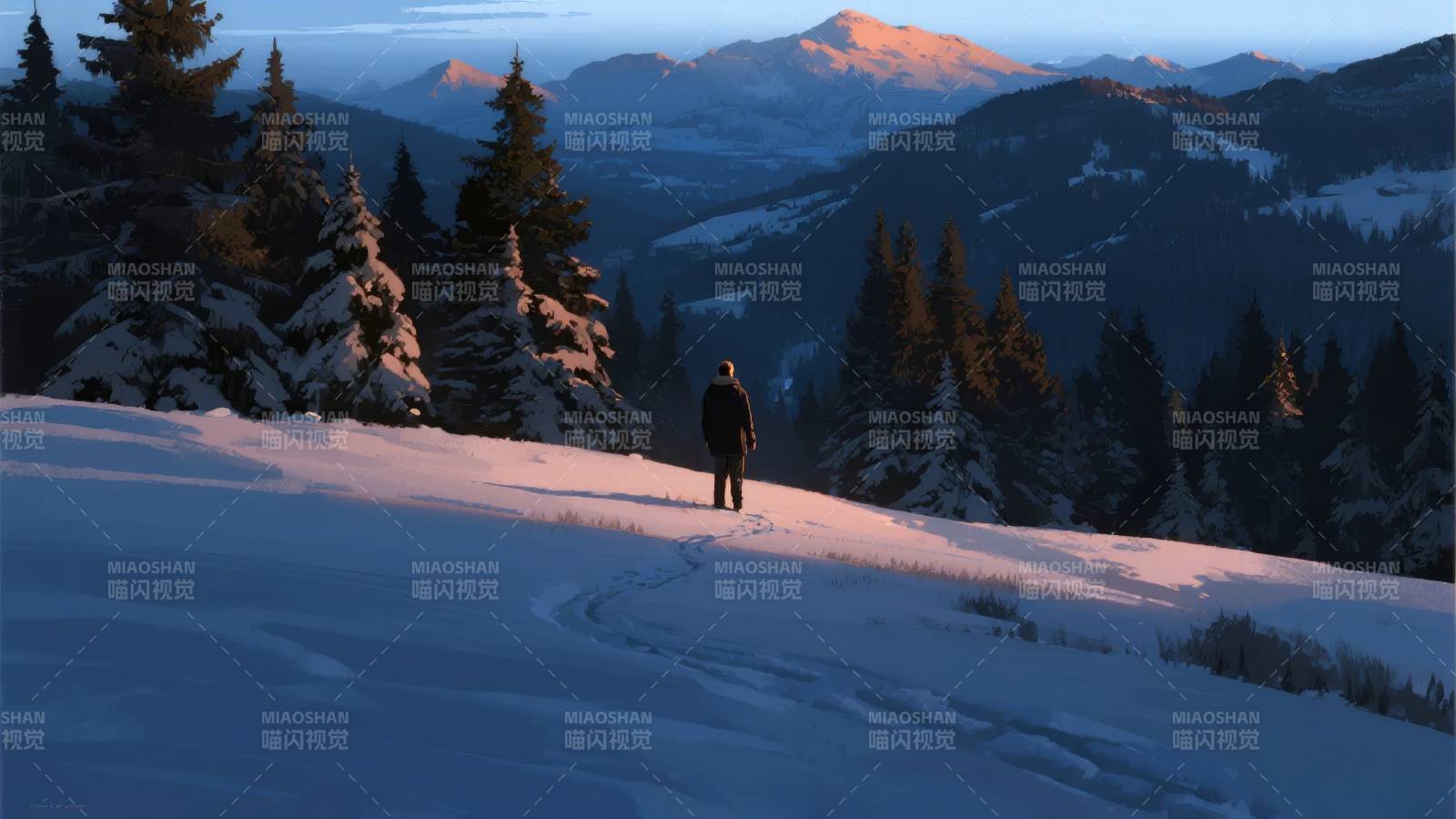 雪原孤影远山图片