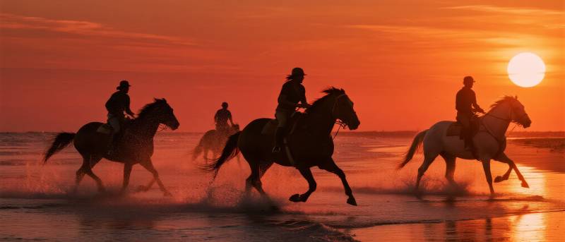 夕阳下骑马逐浪图片