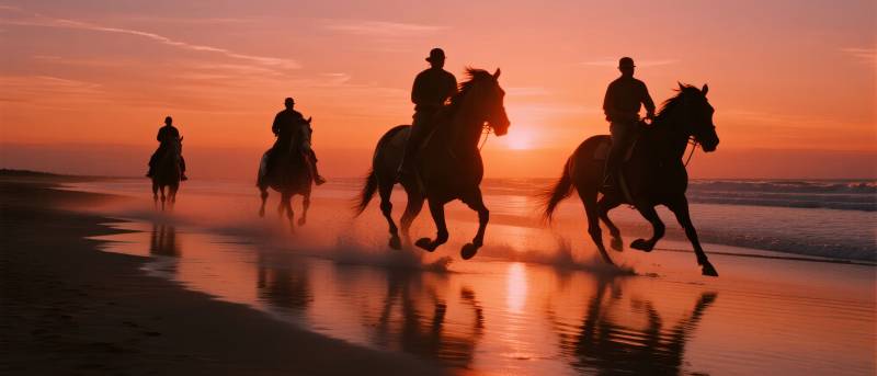 夕阳下骑马追影图片