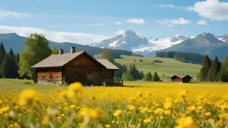 雪山下的木屋花海图片