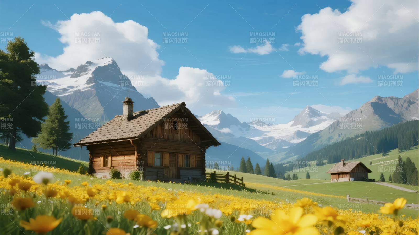 雪山木屋花海图片