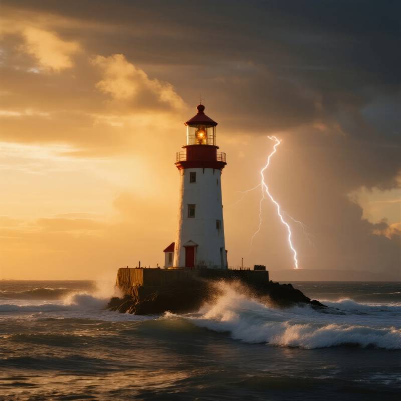 灯塔闪电夜景图片