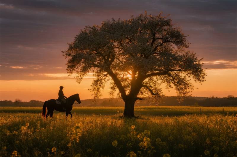 夕阳下的骑马人图片