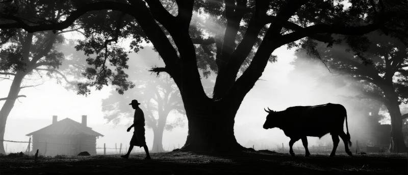 晨雾中的牧牛人图片