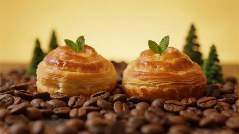 咖啡豆上的酥皮点心图片