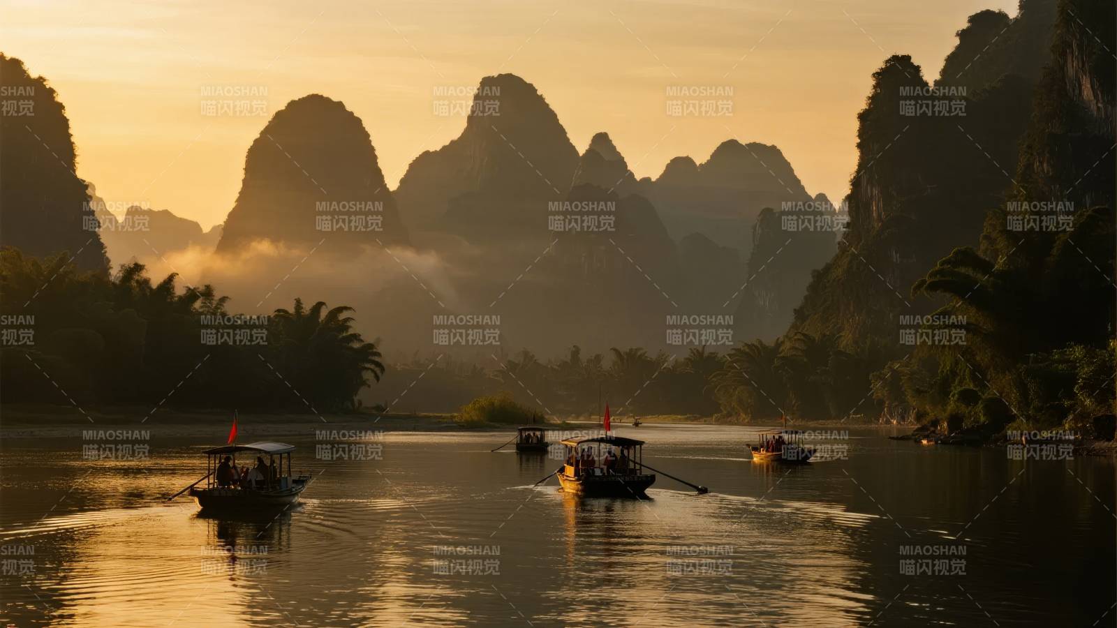 山水画中行舟图片