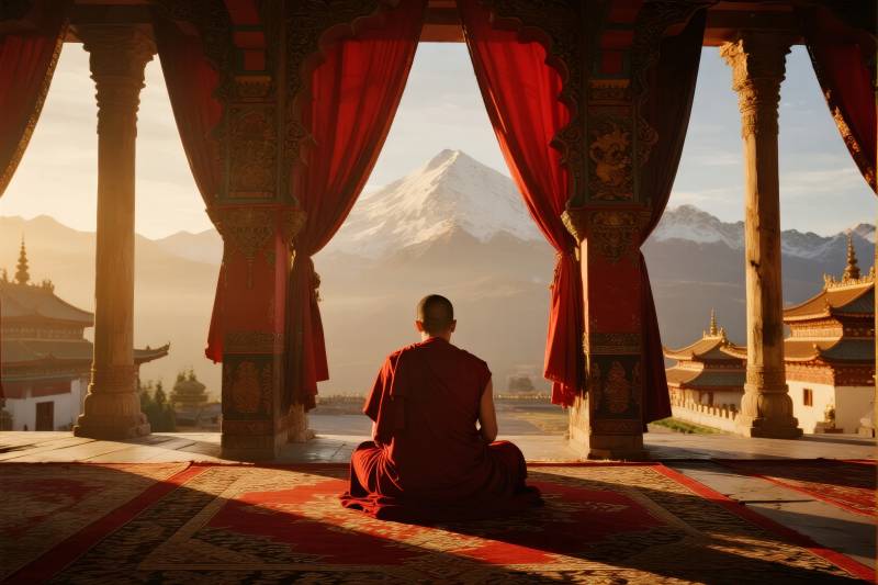 雪山前的静修僧人图片