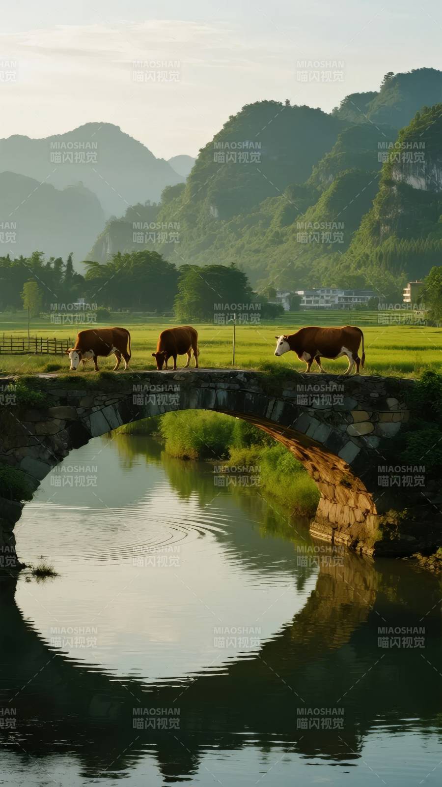 牛过石桥映山水图片