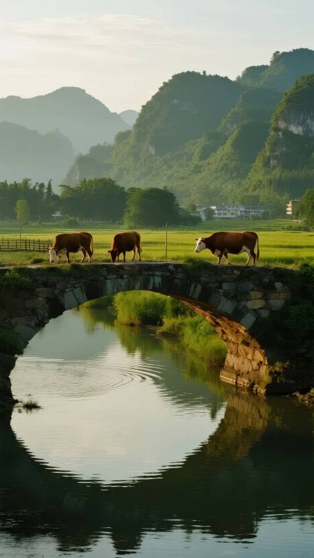 牛过石桥映山水图片