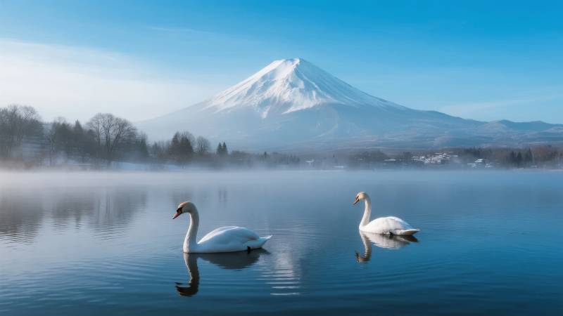 富士山下双天鹅图片