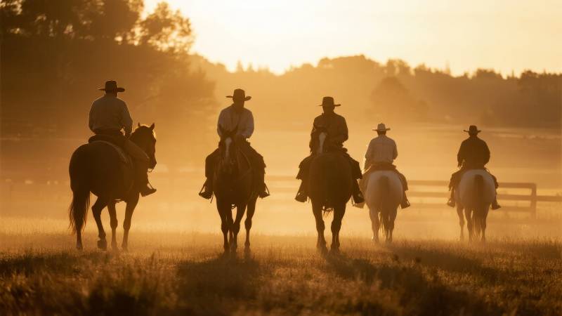 夕阳下的骑手群影图片