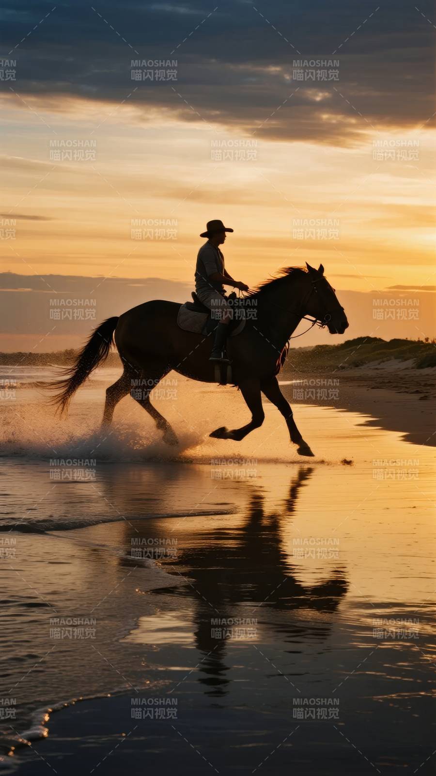 夕阳骑马海滩行图片