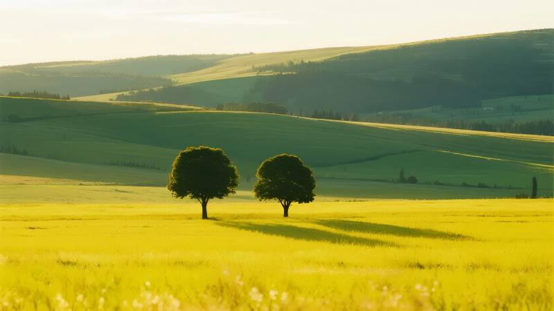 双树草原晨光图片