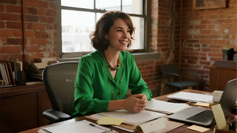 绿衣女子办公微笑图片