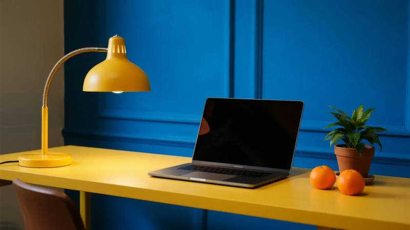 黄色书桌上的工作角落图片