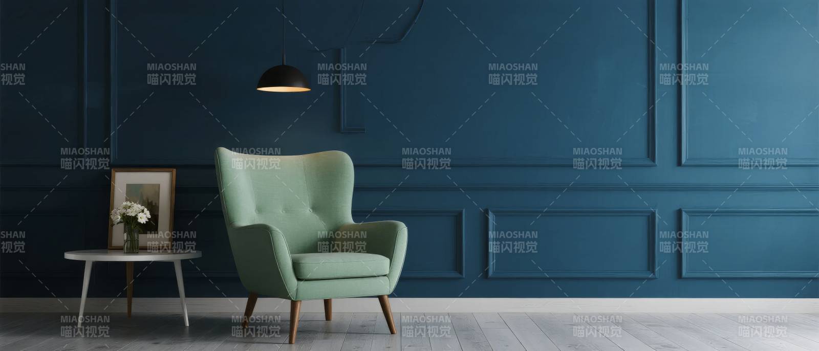 蓝墙绿椅静谧空间图片