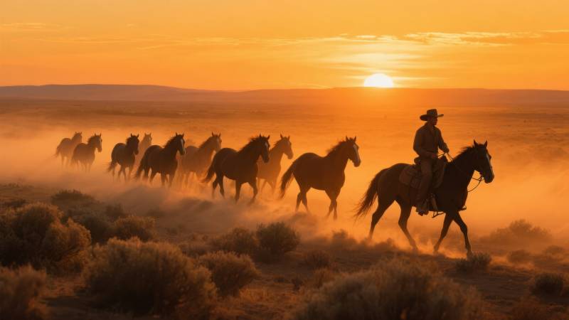 夕阳下的骑手与马群图片