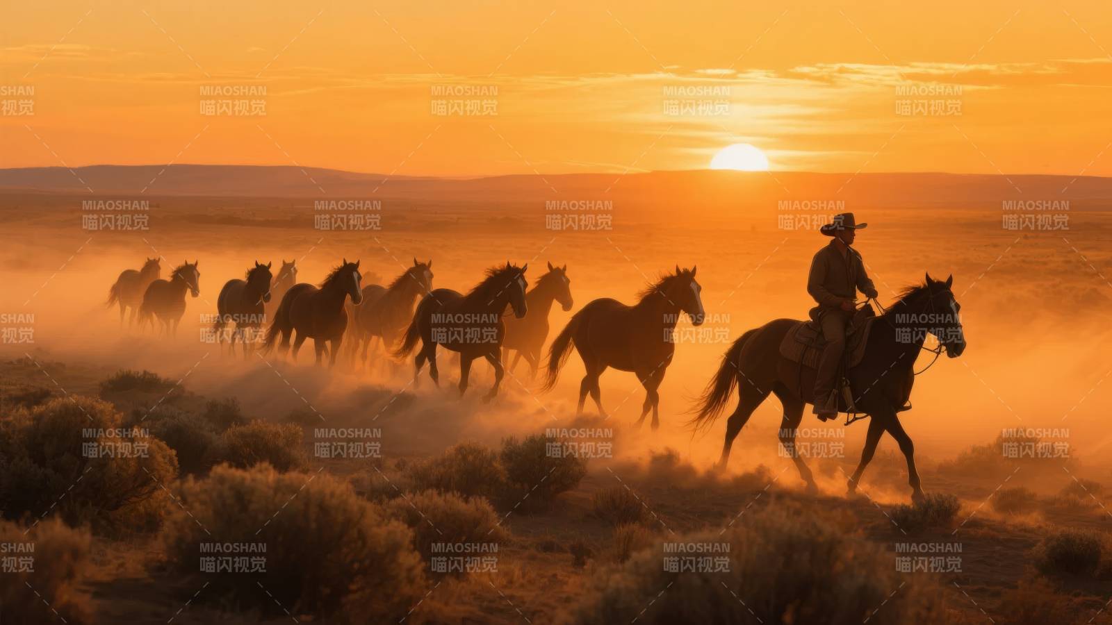 夕阳下的骑手与马群图片
