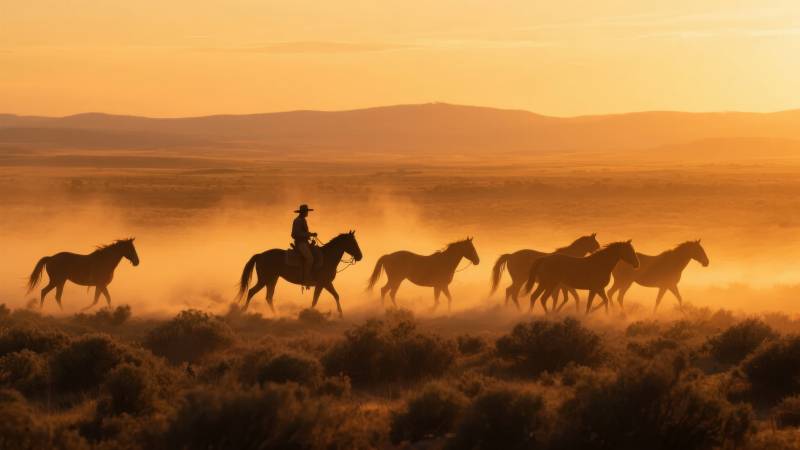 夕阳下的骏马奔腾图片