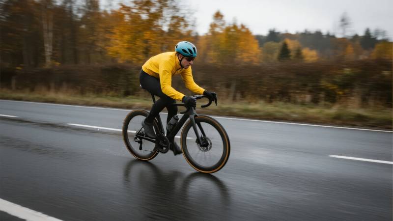骑行者疾驰在秋日公路图片