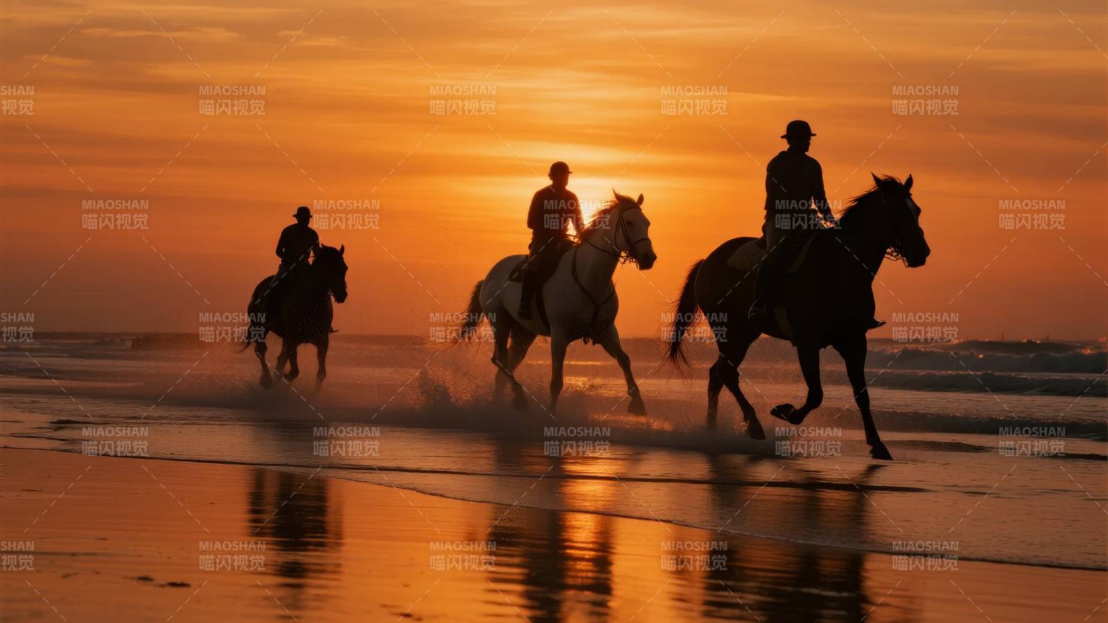 夕阳下的骑马剪影图片