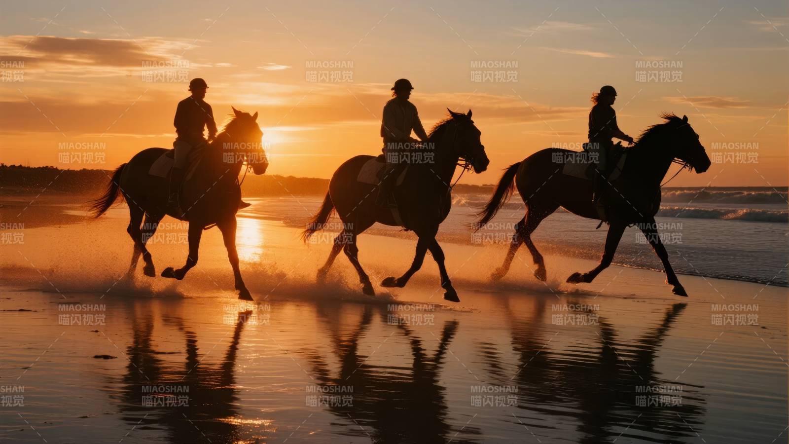 夕阳下骑马追影图片