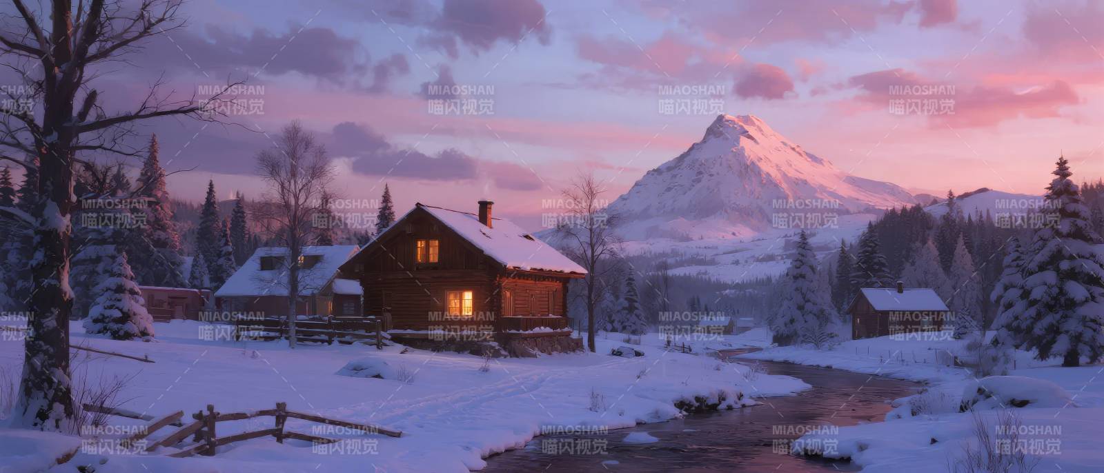 雪夜小屋山景图片