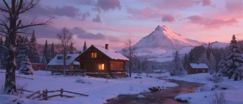 雪夜小屋山景图片