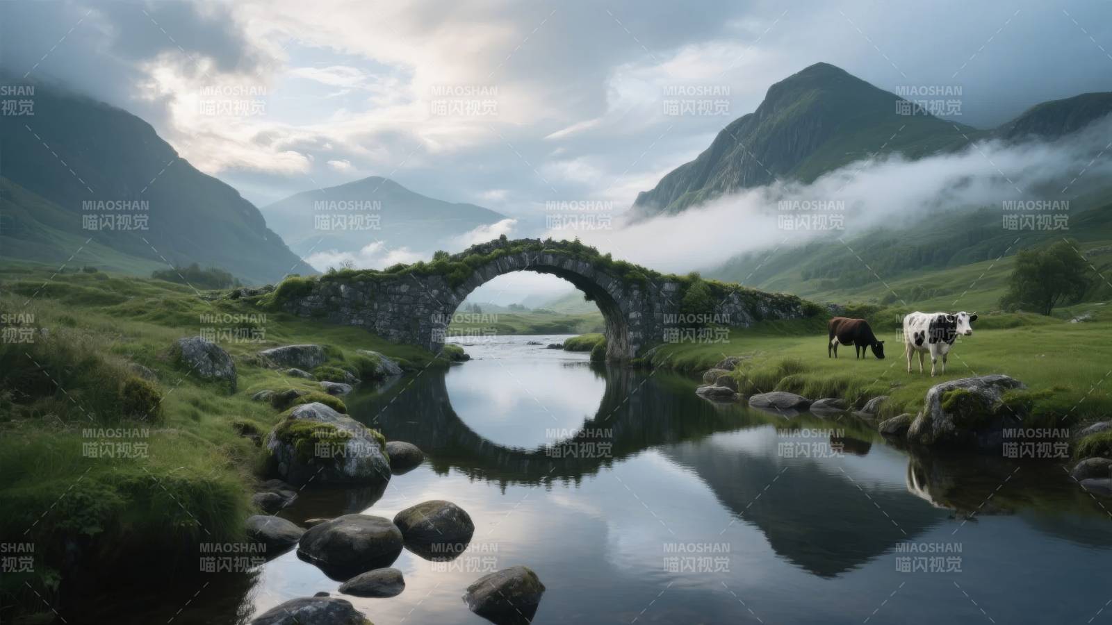 山水桥影 牛群悠然图片