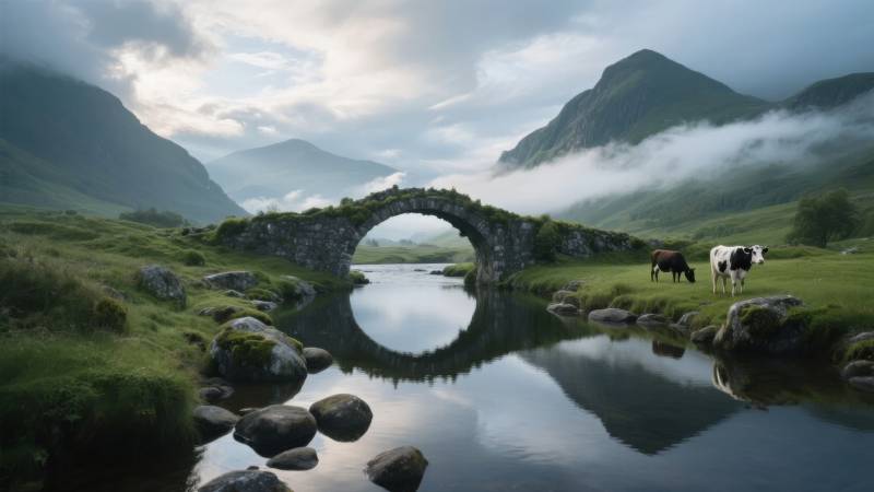 山水桥影 牛群悠然图片