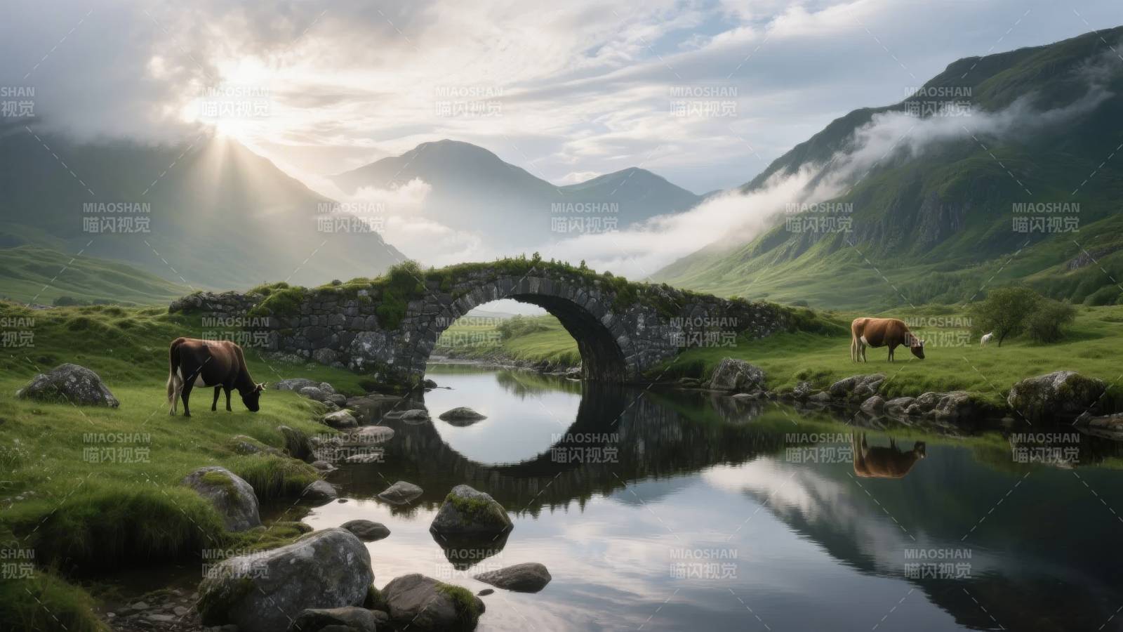 山间石桥倒影图片