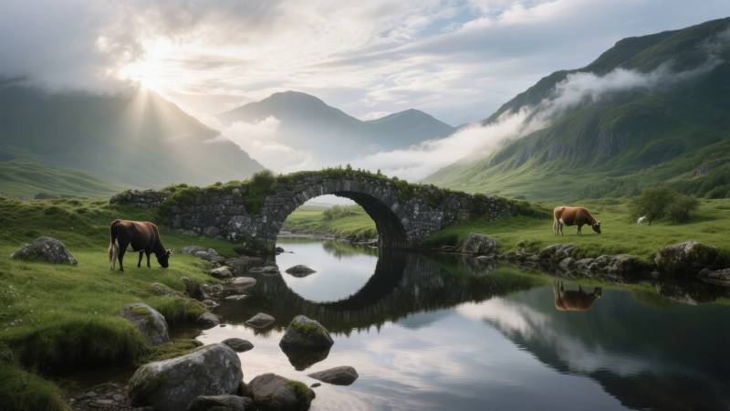 山间石桥倒影图片