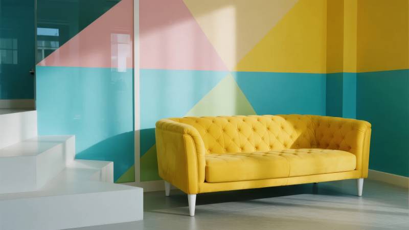 黄色沙发与彩墙图片
