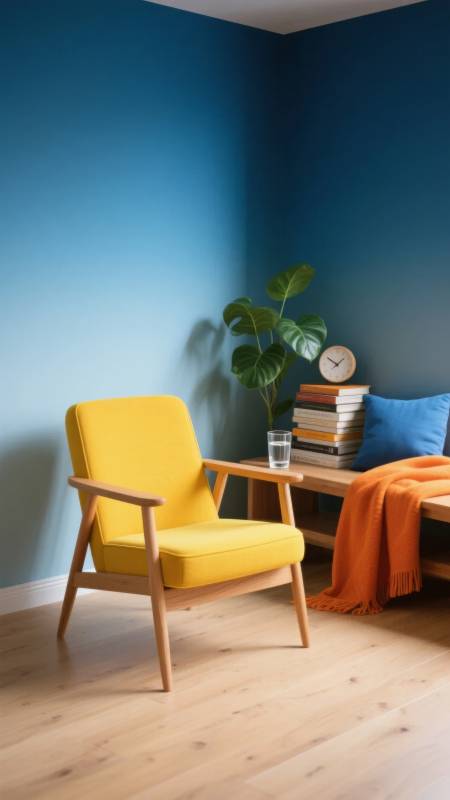 黄椅蓝墙静谧角图片
