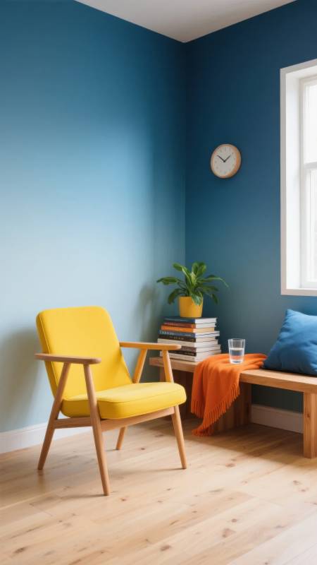 蓝墙黄椅静谧角图片