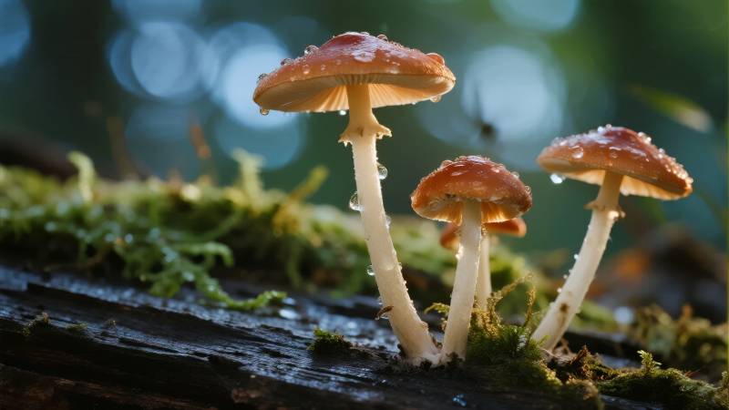 林间三菇静谧生长图片