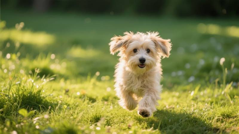 小狗奔跑在草地上图片