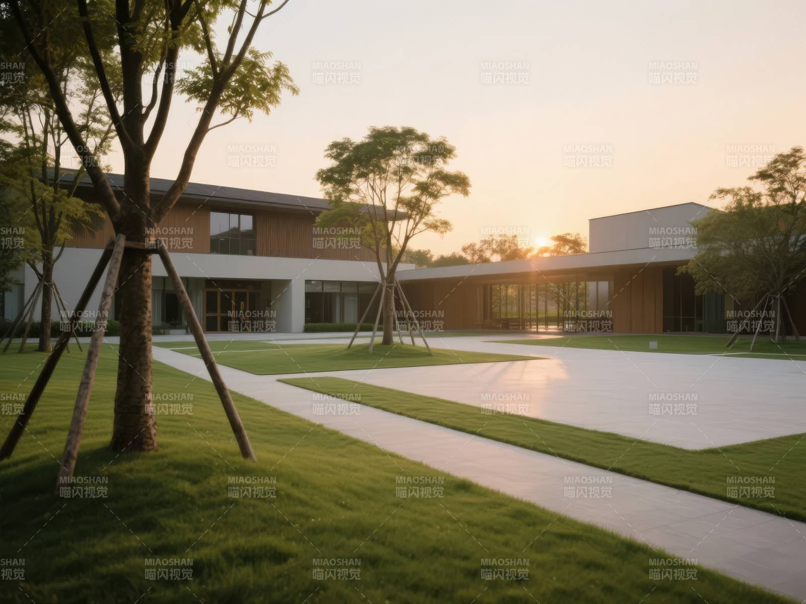 现代建筑庭院黄昏图片